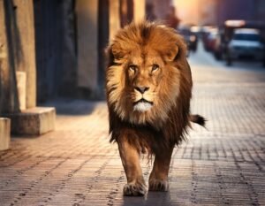 A majestic lion confidently walking alone through a modern city at night, symbolizing the independence, strength, and untamed spirit of a Sigma male.