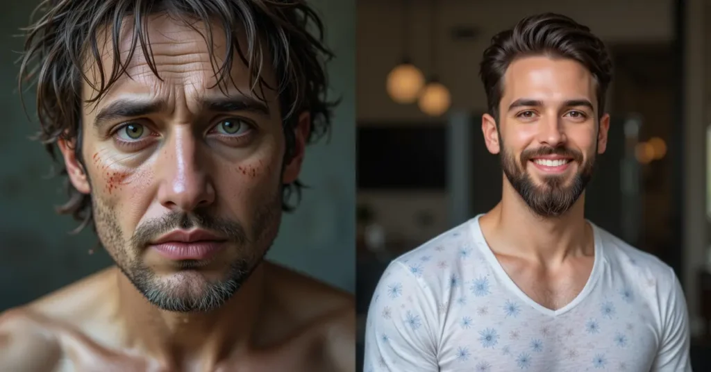 Split image of an unkempt man and a well-groomed man, highlighting the contrast in grooming habits and personal care. Why Men Fail at Grooming